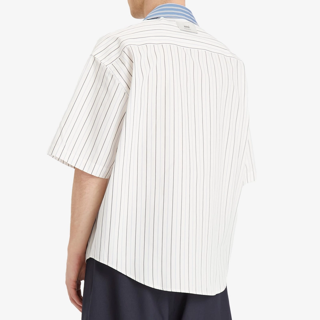 AMI Paris Men's Camp Collar Contrast Stripe Boxy Shirt Off-White/Blue Note/Navy